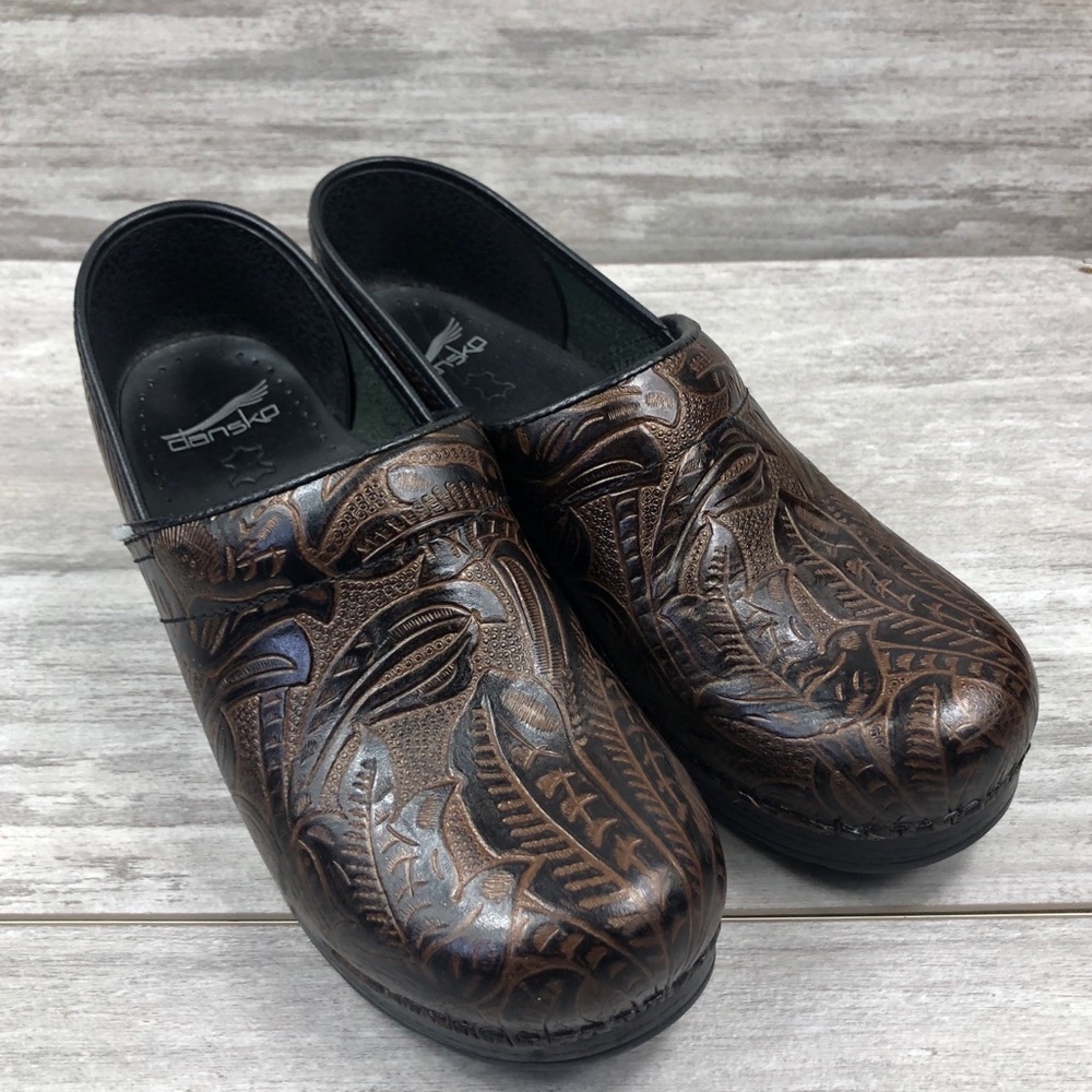 DANSKOS brown leather tooled clog